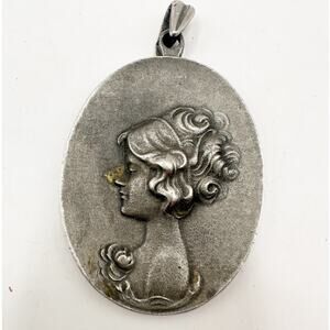 Vintage Pewter Cameo Oval Pendant - 2" Inch Height - Silver Tone